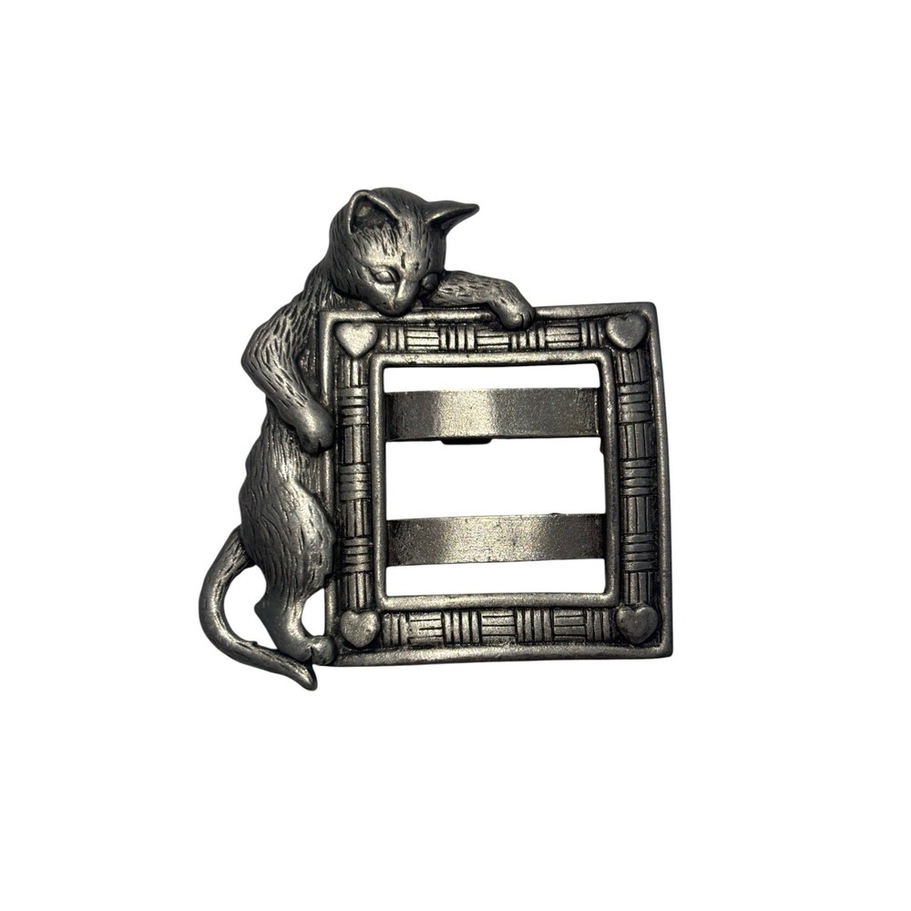 Vintage JJ Jonette Silver Pewter Kitten Kitty Cat Heart Picture Frame Brooch Pin